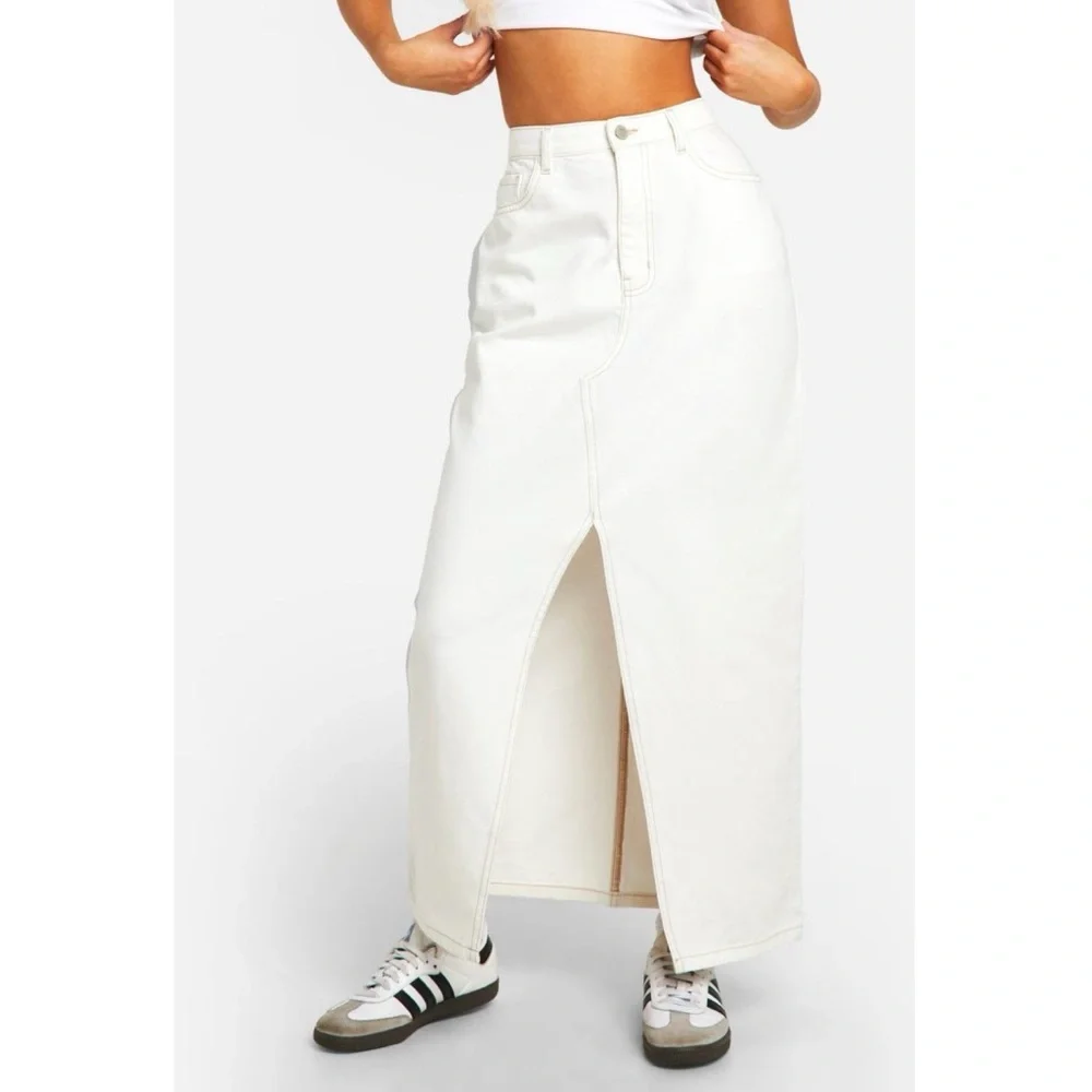 NWT BOOHOO Ecru Denim Split Front Maxi Skirt